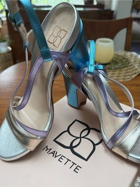 Metallic Blue & Silver Block Heel Sandals